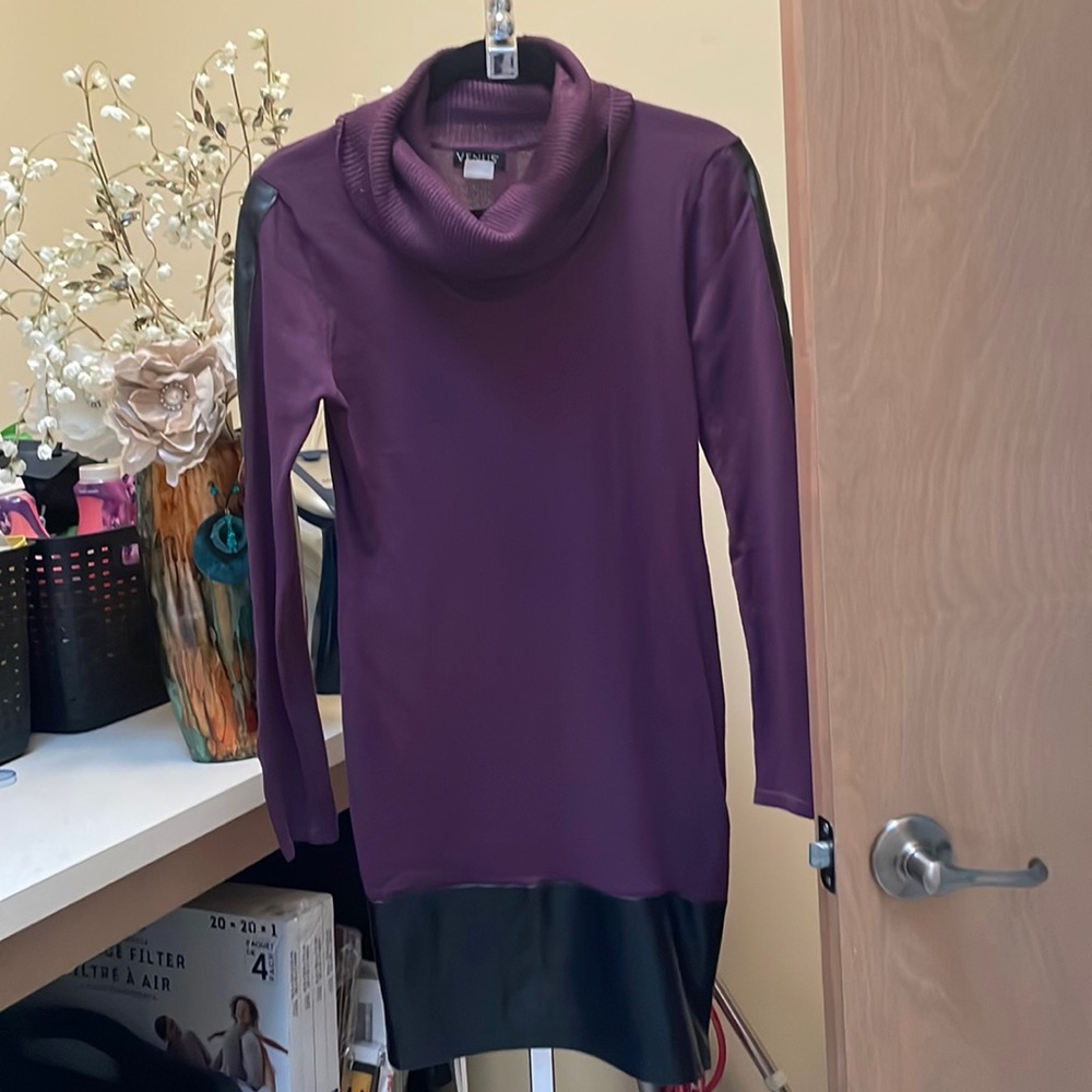 Venus plum long sleeve sweater dress with faux leather detailing size medium